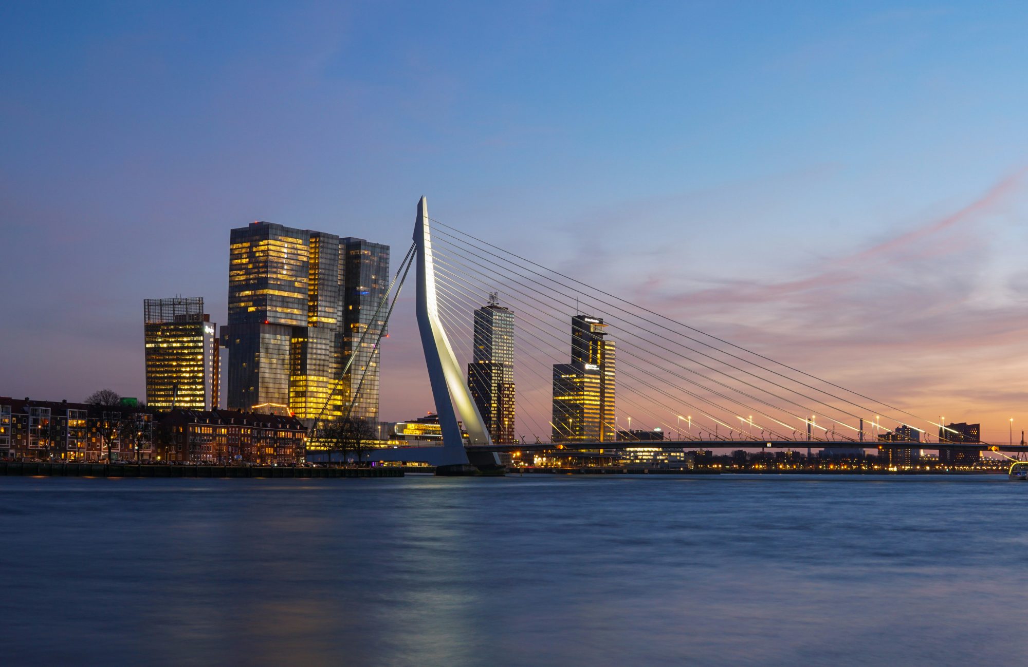 De Erasmusbrug en de skyline van Rotterdam tijdens het blauwe uur